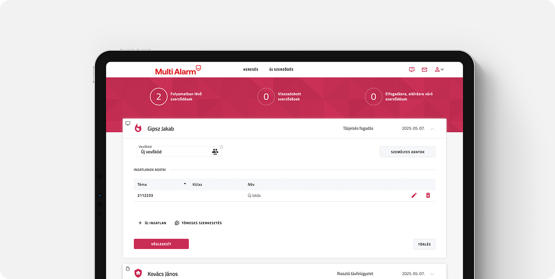 MultiAlarm projekt – képernyőkép (Webstar fejlesztés)